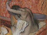 Courtauld 11 Edgar Degas - After The Bath - Woman Drying Herself 11. Edgar Degas - After the Bath Woman - Drying Herself. 1889-90, 68 x 58cm. From the mid-1880s onwards, the subject of women bathing in tubs or drying themselves became one of Degas central preoccupations. His aims in his pictures of bathing women were to show a human creature occupied with herself  a cat who licks herself. Hitherto, the nude has always been represented in poses which presupposes an audience, but these women of mine are honest and simple folk, unconcerned by any other interests than those involved in their physical condition  It is as if you looked through a key-hole.